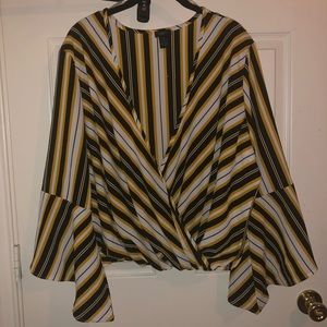 Black/yellow/white Bell Sleeve Blouse